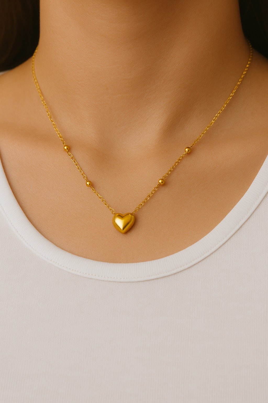 Gold Plated Heart Charm Necklace with Beaded Chain - Everyday Love Pendant