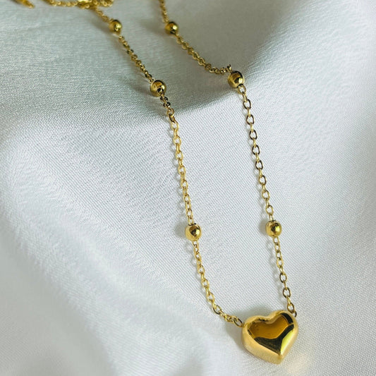 Gold Plated Heart Charm Necklace with Beaded Chain - Everyday Love Pendant