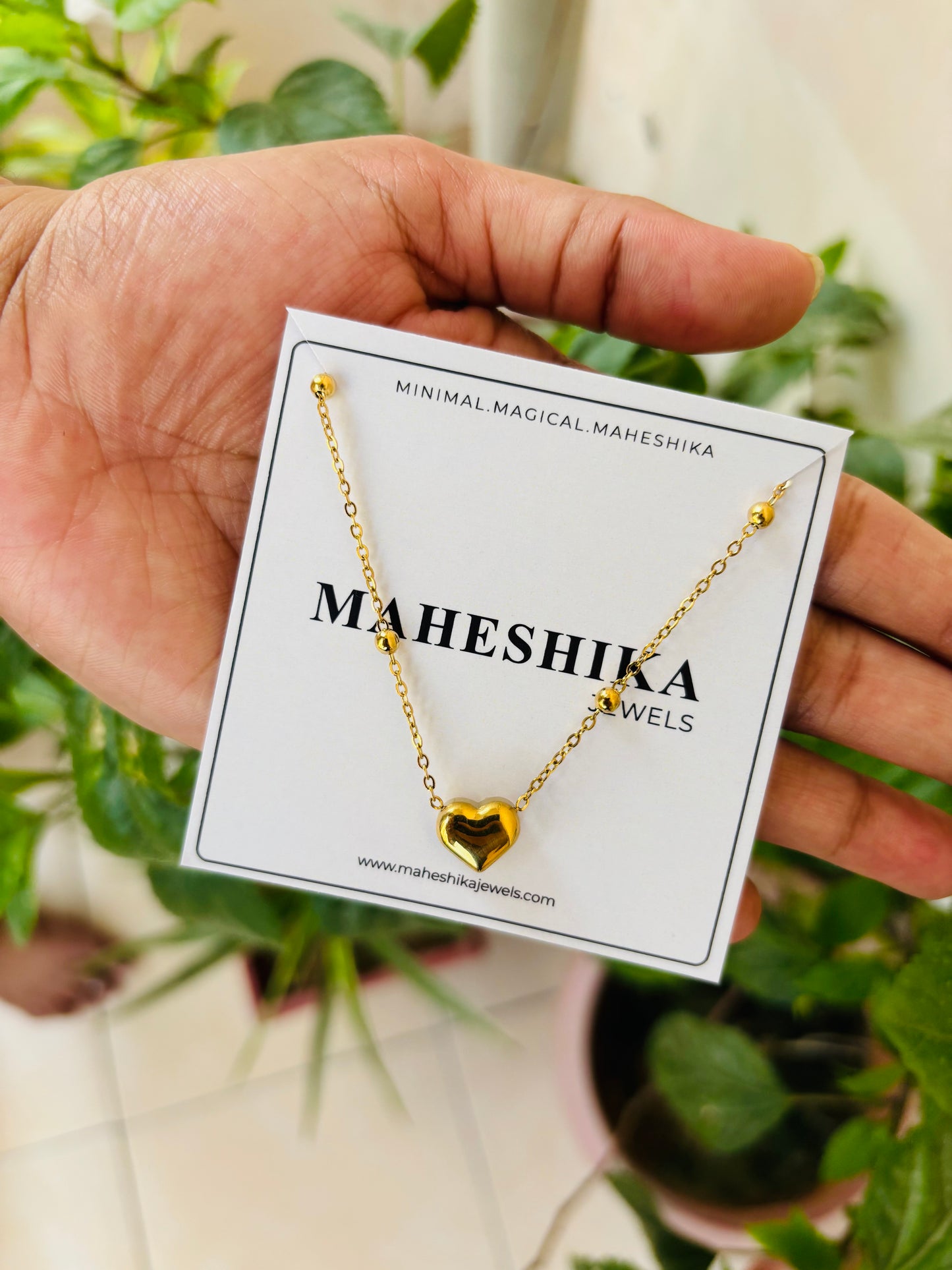 Gold Plated Heart Charm Necklace with Beaded Chain - Everyday Love Pendant