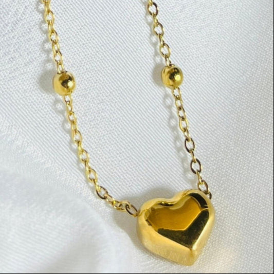 Gold Plated Heart Charm Necklace with Beaded Chain - Everyday Love Pendant